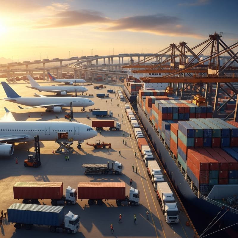 A montage of a cargo ship, airplane, and truck representing multi-modal transport A montage of a cargo ship, airplane, and truck representing multi-modal transport