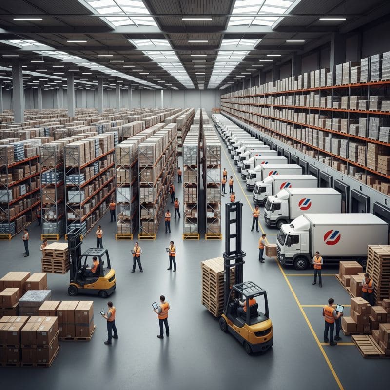 A modern, organized warehouse with a delivery truck ready to depart A modern, organized warehouse with a delivery truck ready to depart