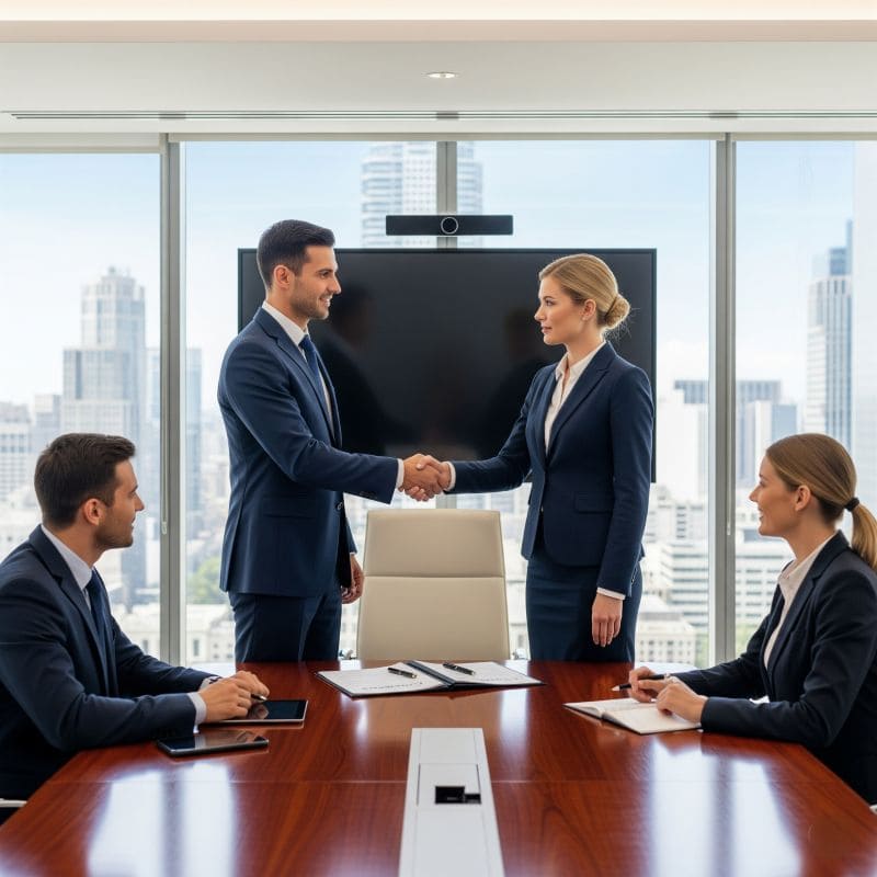 A firm handshake finalizing a successful business agreement A firm handshake finalizing a successful business agreement